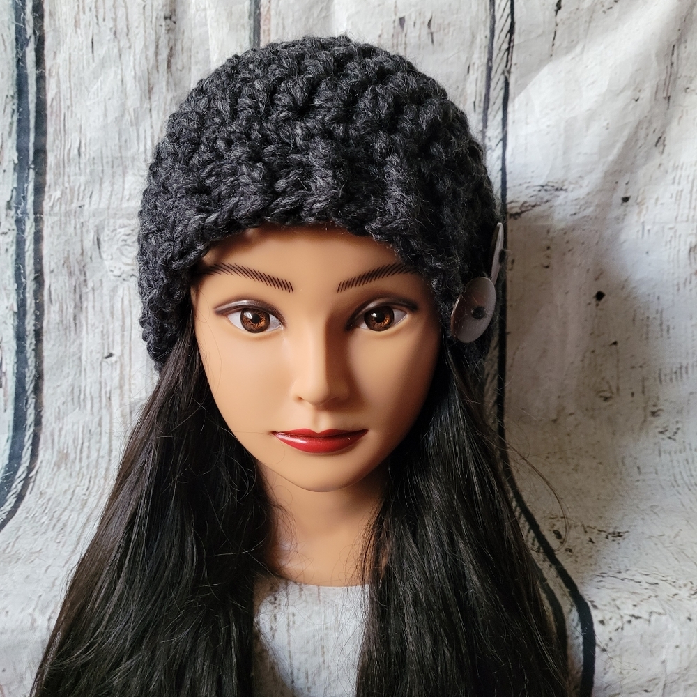 Women's Crochet Gray Wool winter hat - Picture 7 of 14